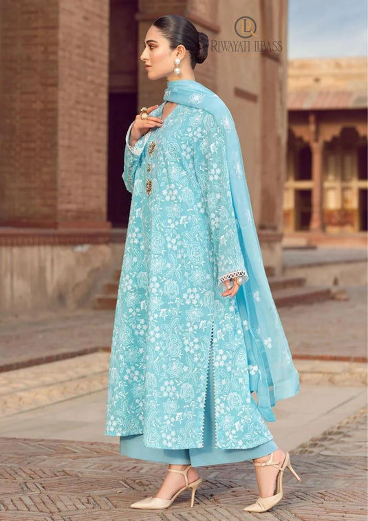 Bareeze -Embroidered 3pc lawn dress with embroidered chiffon dupatta