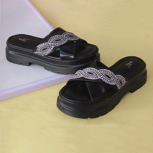 Black Wedge Slippers for women