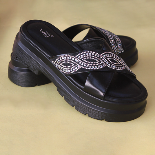 Black Wedge Slippers for women